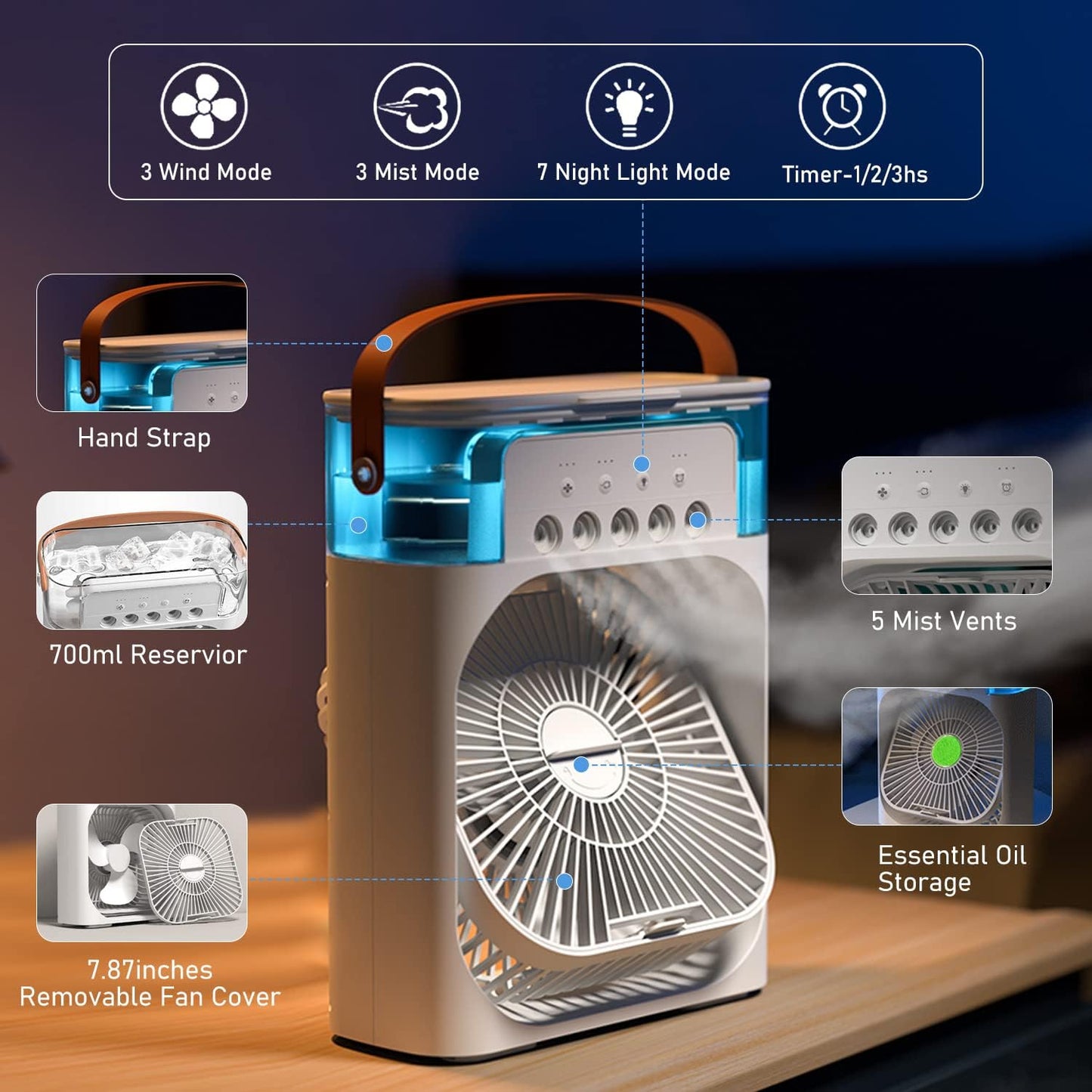 3-in-1 USB Mini AC Fan | LED Light, Mist & Humidifier (Random Color)