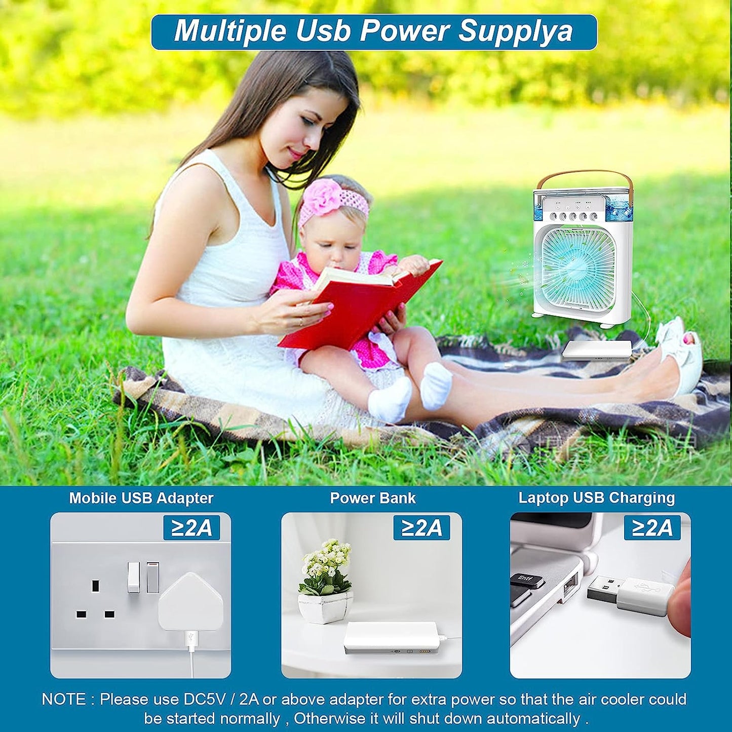 3-in-1 USB Mini AC Fan | LED Light, Mist & Humidifier (Random Color)